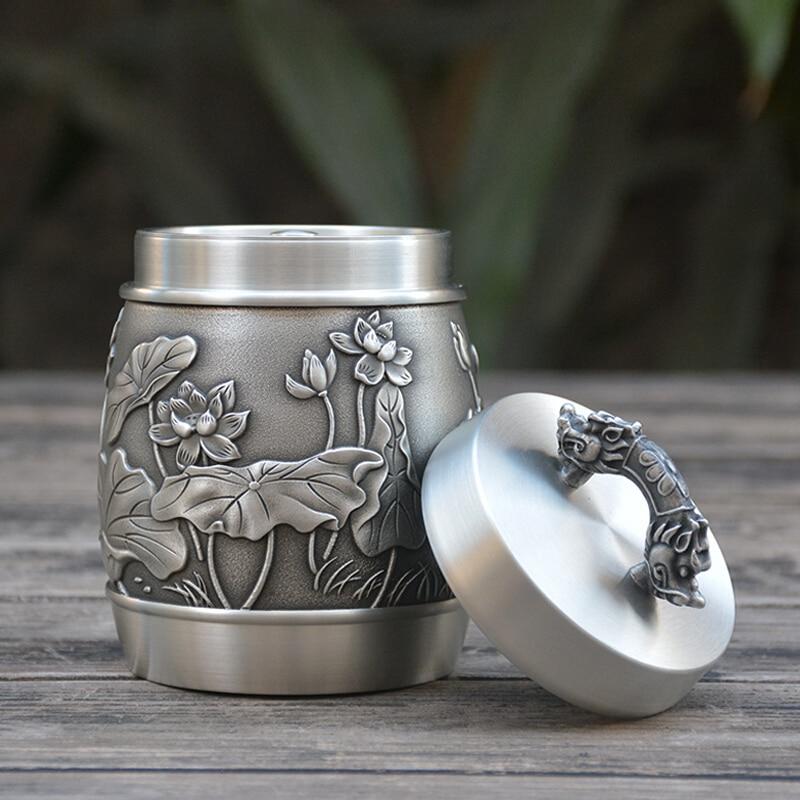 Hand Carved Beautiful Embossed Pure Tin 97% Lead Free Pewter Handmade Urn