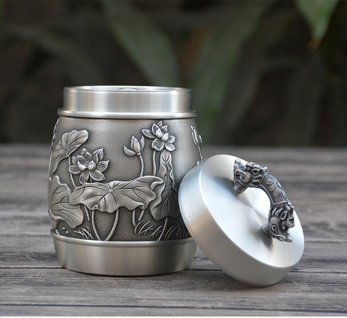 Hand Carved Beautiful Embossed Pure Tin 97% Lead Free Pewter Handmade Urn