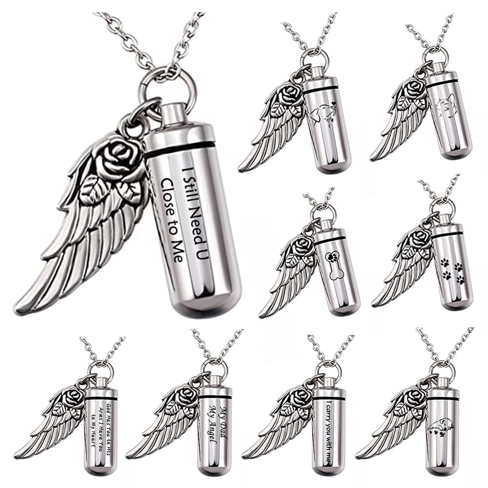 Pretty Rose Flower Angel Wing  Cremation Necklace